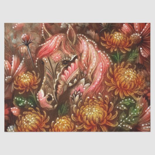 Herfst Paard Bloemen Chrysanten Decoupage Tissuepapier (Voorkant)
