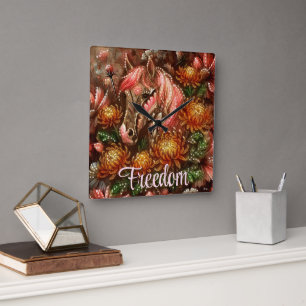 Herfst Paard Bloemen Chrysanten Gepersonaliseerd Vierkante Klok