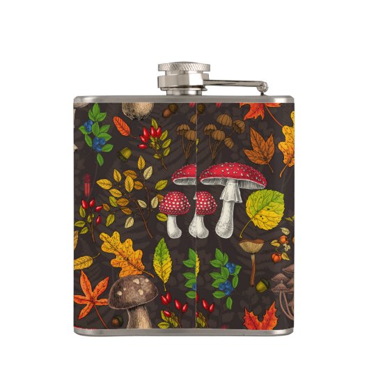 Herfst paddenstoelen, bladeren, noten en bessen op heupfles (Achterkant)