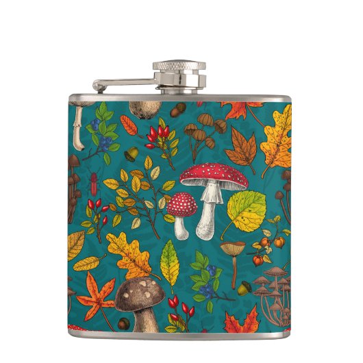 Herfst paddenstoelen, bladeren, noten en bessen op heupfles (Voorkant)