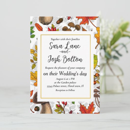 Herfst paddenstoelen, bladeren, noten en bessen op kaart (Staand voorkant)