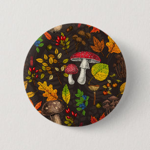 Herfst paddenstoelen, bladeren, noten en bessen op ronde button 5,7 cm