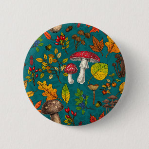 Herfst paddenstoelen, bladeren, noten en bessen op ronde button 5,7 cm