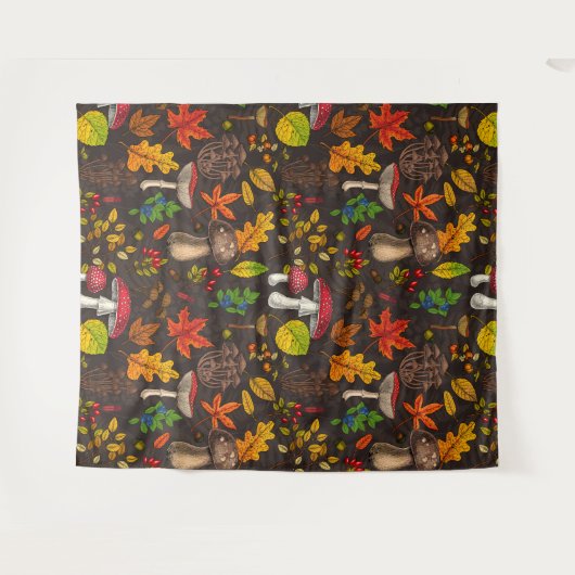 Herfst paddenstoelen, bladeren, noten en bessen op wandkleed (Voorkant (horizontaal))