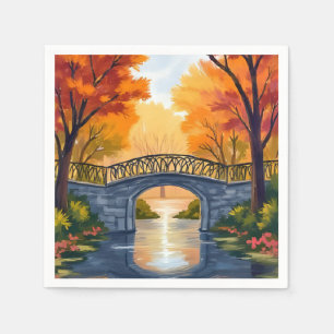 Herfst Park Brug Waterverf van Herfstblad Servet