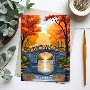 Herfst Park Brug   Waterverfschilderij van herfstb Briefkaart