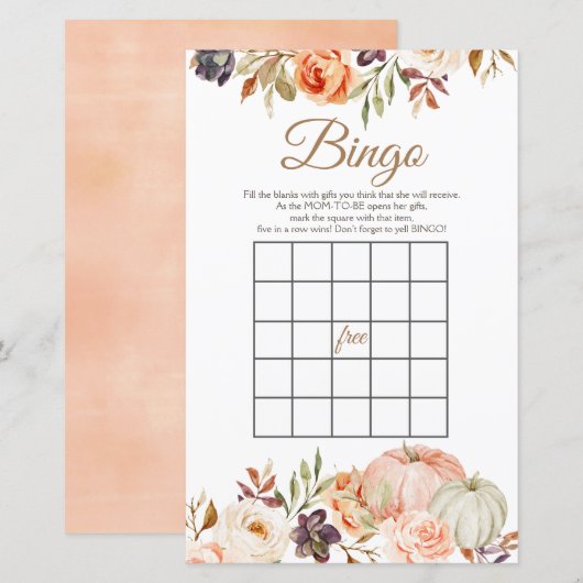 Herfst Peach Pumpkin Rustic Floral Bingo Games (Voorkant / Achterkant)