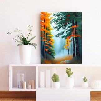 Herfst Pine Forest Mist Wall Art Canvas Afdruk