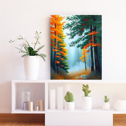 Herfst Pine Forest Mist Wall Art Canvas Afdruk
