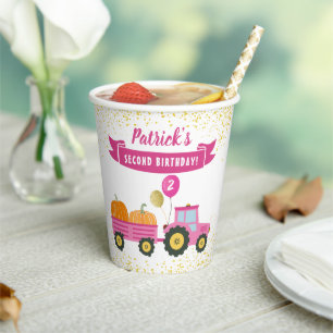 Herfst Pink Tractor Pumpkin najaar Birthday Party Papieren Bekers