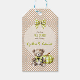 Herfst Plaid Teddy Bear Pompoen Bladeren Sage Cadeaulabel