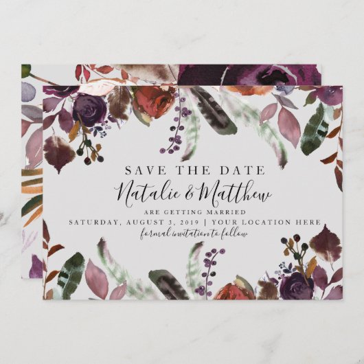 Herfst Plum Wedding Save the Date Waterverf Boho Kaart (Voorkant / Achterkant)