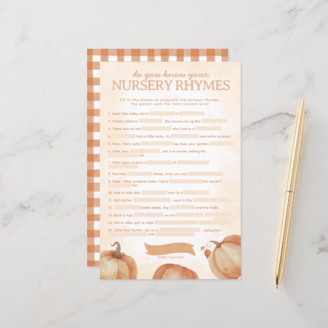 Herfst Pompoen Baby shower Nursery Rhyme Game (Voorkant / Achterkant in situ)