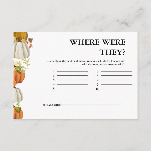 Herfst pompoen bladeren waar waren ze bruids spel informatiekaartje (Voorkant)