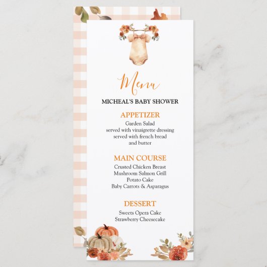 Herfst Pompoen Bloemen Babykleding Baby shower Men Menu (Voorkant / Achterkant)