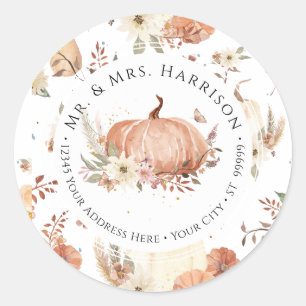 Herfst Pompoen Bloemen Herfstblad Retouradres Ronde Sticker