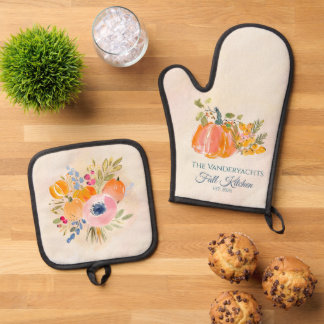 Herfst Pompoen Bloemstuk – Waterverf Keukenlinnen Ovenwant & Pannenlap Set
