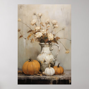 Herfst Pompoen en Bloemen Stilleven Schilderen Poster