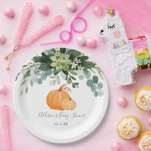 Herfst pompoen en groen eucalyptus baby shower papieren bordje (Feest)