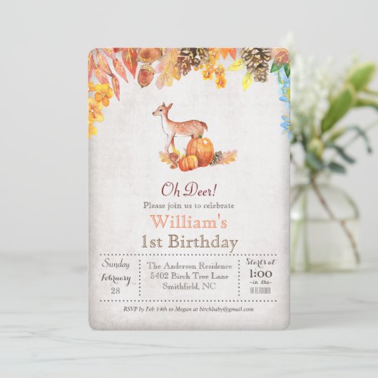 Herfst Pompoen en Herten 1e Verjaardagsuitnodiging Kaart (Staand voorkant)