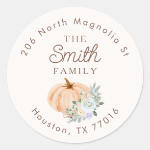Herfst Pompoen en Pastel Bloem Retouradres Ronde Sticker