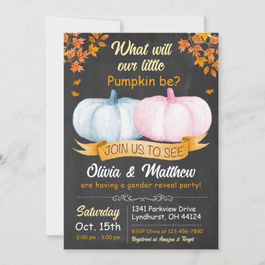 Herfst pompoen Geslacht onthullen uitnodiging hij  (Voorkant)