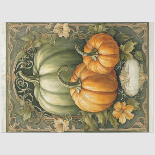 Herfst Pompoen Groen Bladeren Art Nouveau Decoupag Tissuepapier (Voorkant)