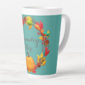 Herfst pompoen herfstbladkrans sinaasappel blauwgr latte mok (Rechterhoek)