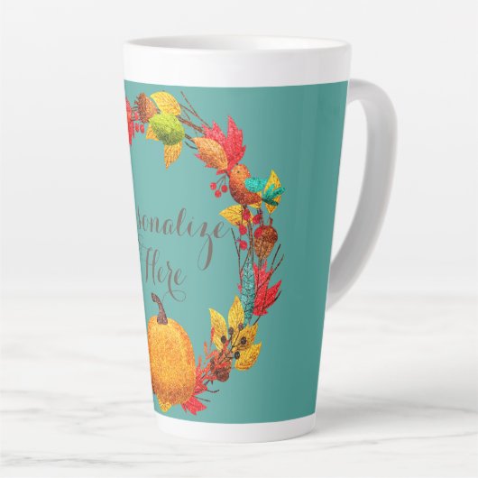 Herfst pompoen herfstbladkrans sinaasappel blauwgr latte mok (Rechterhoek)