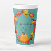 Herfst pompoen herfstbladkrans sinaasappel blauwgr latte mok (Voorkant)