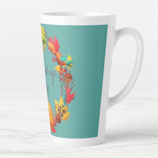 Herfst pompoen herfstbladkrans sinaasappel blauwgr latte mok (Rechts)