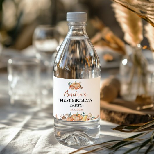 Herfst pompoen Kinder eerste verjaardag Waterfles Etiket