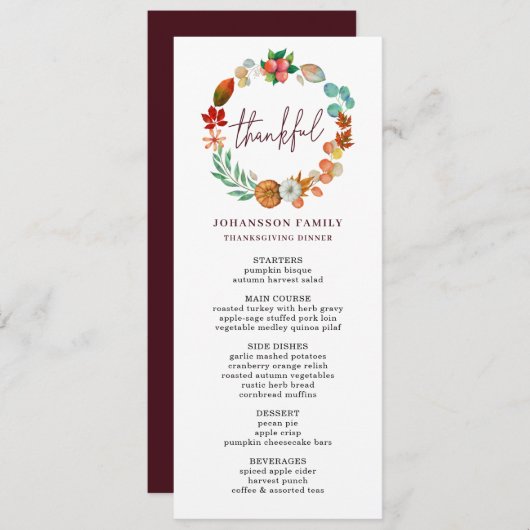 HERFST POMPOEN KRANS THANKSGIVING DINER MENU (Voorkant / Achterkant)