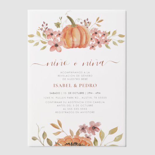 Herfst Pompoen Rustiek Boho Spaans Geslacht Onthul Vellum Uitnodigingen (Voorkant)