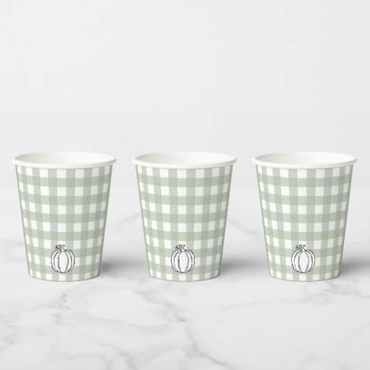 Herfst Pompoen Sage Green Gingham Papieren Bekers (Multi)