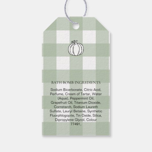 Herfst pompoen sage groen gingham badbom gunst cadeaulabel (Achterkant)