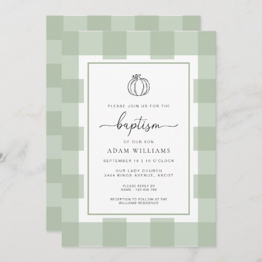 Herfst pompoen sage groen gingham doop kaart (Voorkant / Achterkant)