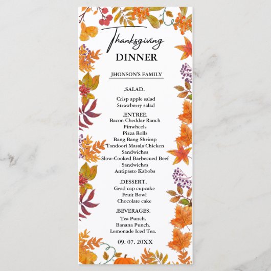 Herfst Pompoen Thanksgiving diner Menu (Voorkant)