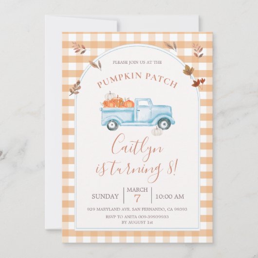 Herfst Pompoen Truck Patch 8e Verjaardag Party Kaart (Voorkant)