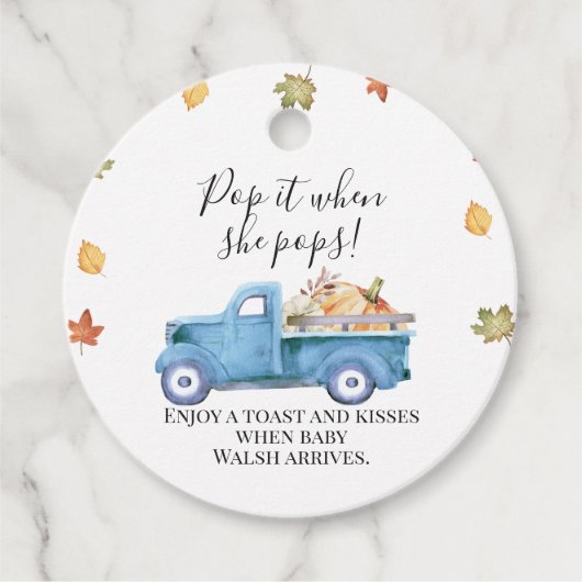 Herfst Pompoen Vrachtwagen Baby shower Pop Het Voo Bedankjes Labels (Voorkant)