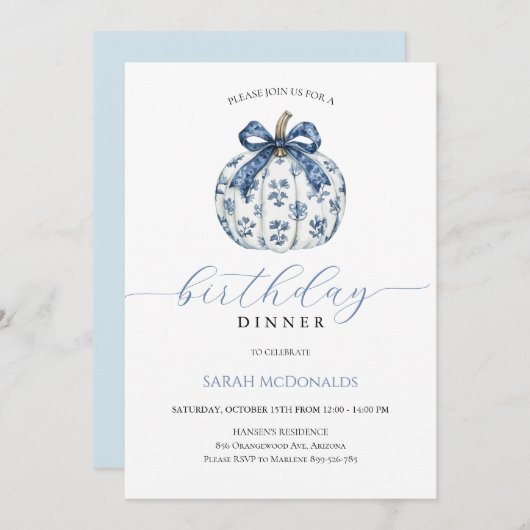 Herfst Pompoen Vrouw Verjaardag Diner Uitnodiging (Voorkant / Achterkant)