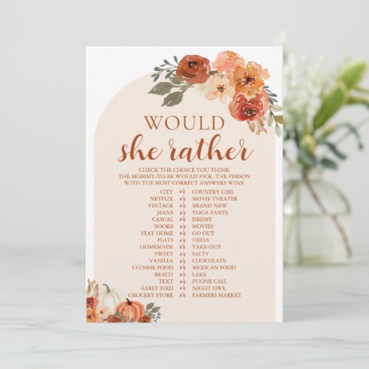 Herfst pompoen wil dat ze liever Baby shower spel Kaart (Staand voorkant)