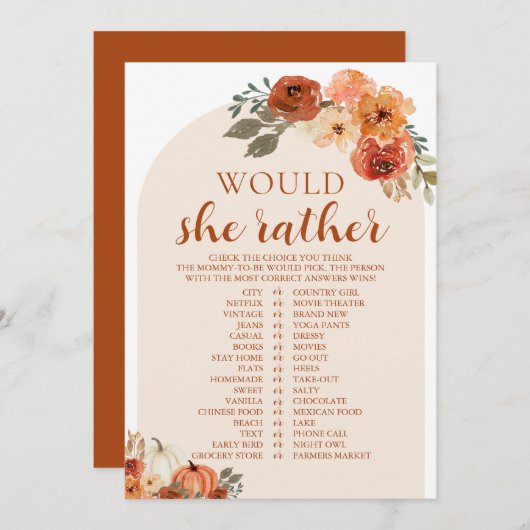 Herfst pompoen wil dat ze liever Baby shower spel Kaart (Voorkant / Achterkant)