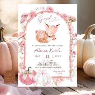 Herfst Pompoen Witte en Roze Vos Meisje Baby Showe Kaart