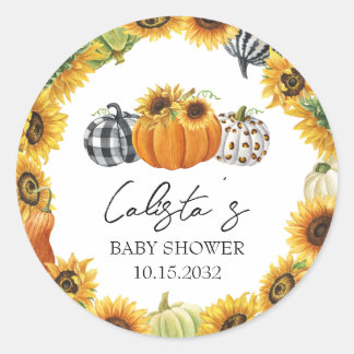 Herfst Pompoen & Zonnebloem Baby Shower Favoren Ronde Sticker