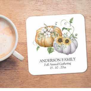 Herfst Pompoen Zonnebloem en Katoenbloemen Vierkante Kartonnen Onderzetter
