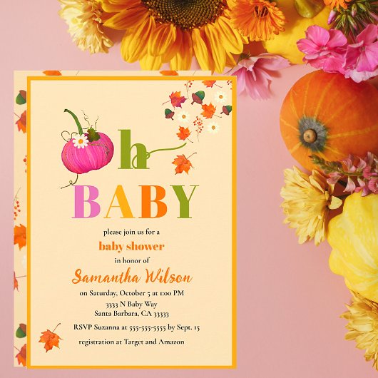 Herfst Pompoenbloemen Meisje Roze Baby shower Kaart