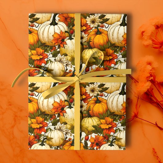 Herfst pompoenen en bloemen inpakpapier vel