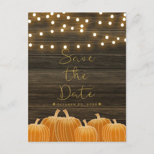 Herfst pompoenen & String Lights Rustic Save the D Aankondigingskaart (Voorkant)