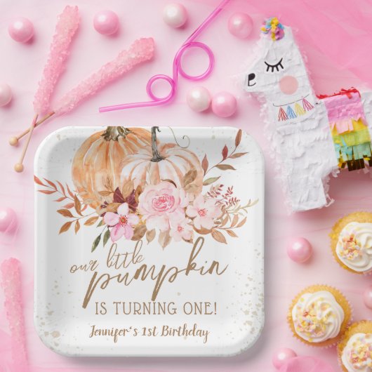Herfst Pompoenen Waterverf Boho Meisje 1e Verjaard Papieren Bordje (Feest)